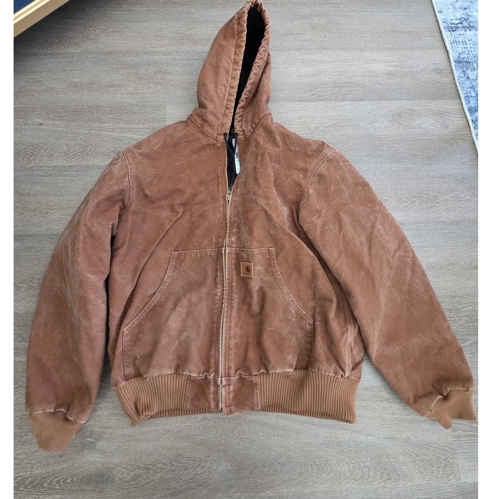 Carhartt J130 BRN Sandstone Active Jacket Brown Duck Canvas Hooded Mens Large